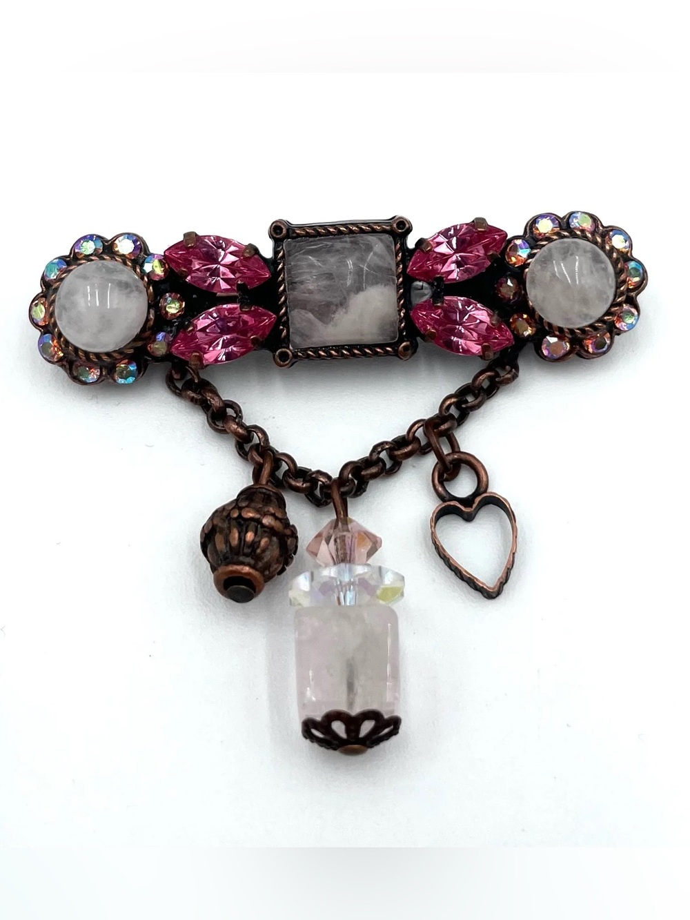 Vintage Pink Rhinestone & Faux Moonstone Dangle Brooch with Copper Tone Charms